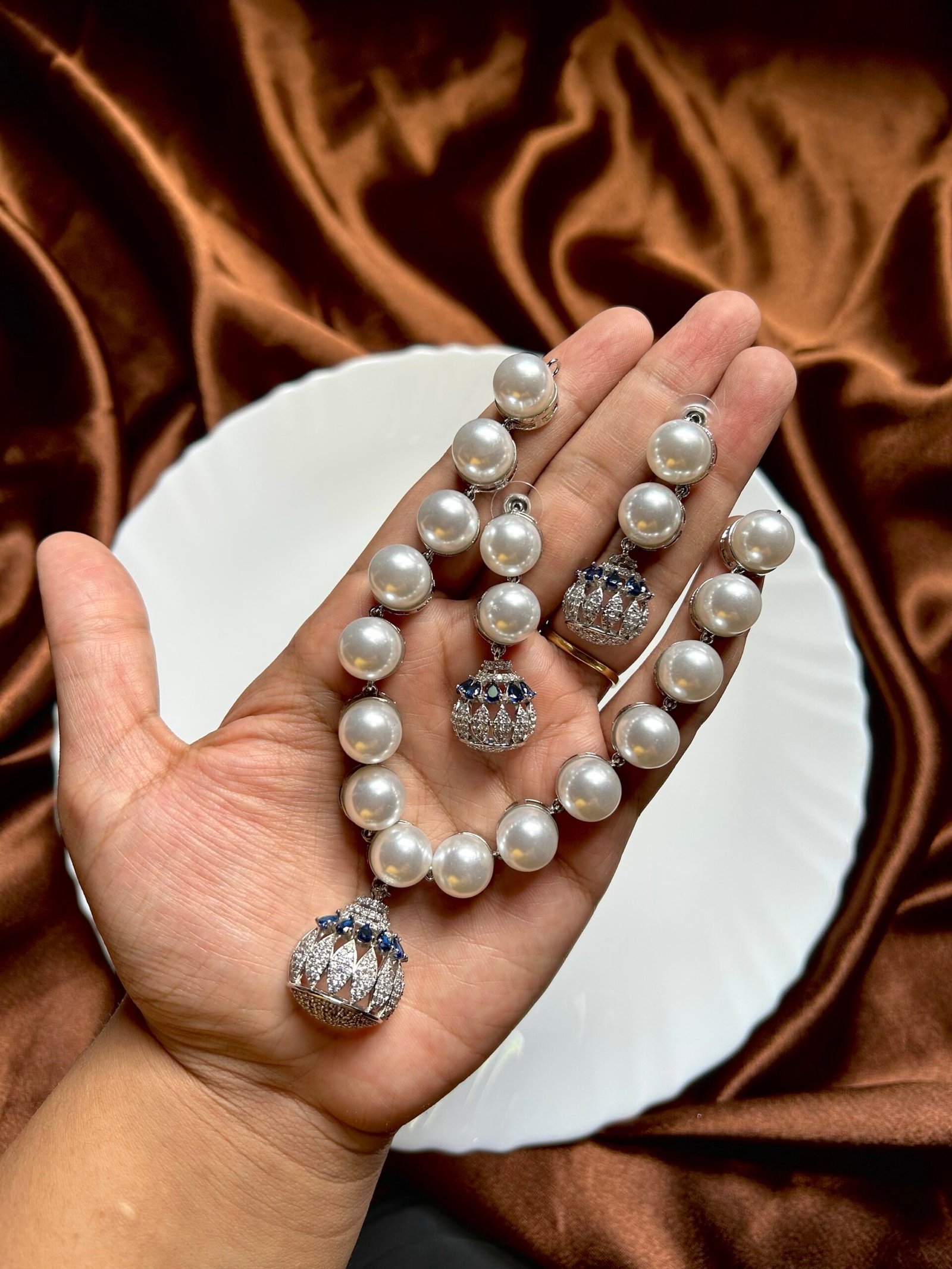AD Sophia Pearl Necklace Set - dark Blue
