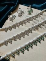 AD Pearl Necklace Set With Earrings - Pink - Image 3