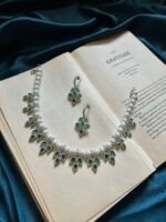 AD Pearl Necklace Set With Earrings - Green - Image 4