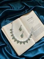 AD Pearl Necklace Set With Earrings - Green - Image 2