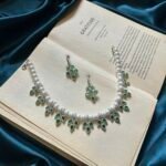 AD Pearl Necklace Set With Earrings - Green