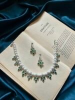 AD Pearl Necklace Set With Earrings - Green - Image 3