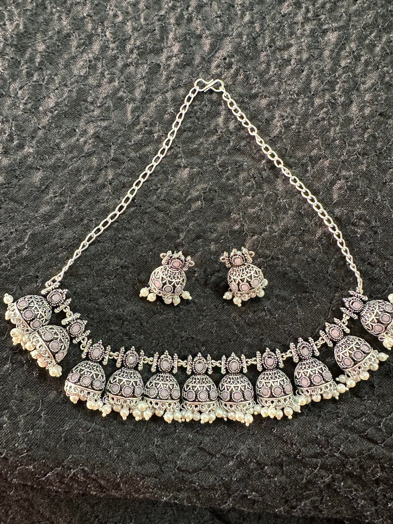 img_6288-1-scaled-1.jpeg Silver Replica Blush Pink Bell Choker Set - Image 1