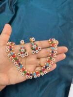 Navratan Pearl Necklace Set With Earrings - Multi - Image 5