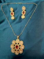 Long Matar Chain With Polki Kundan Pendant with earrings - Ruby - Image 5