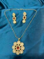 Long Matar Chain With Polki Kundan Pendant with earrings - Ruby - Image 4