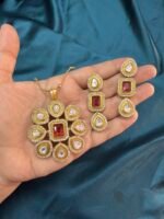 Long Matar Chain With Polki Kundan Pendant with earrings - Ruby - Image 8