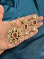 Long Matar Chain With Polki Kundan Pendant with earrings - Ruby - Image 7