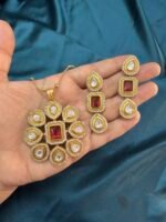 Long Matar Chain With Polki Kundan Pendant with earrings - Ruby - Image 6