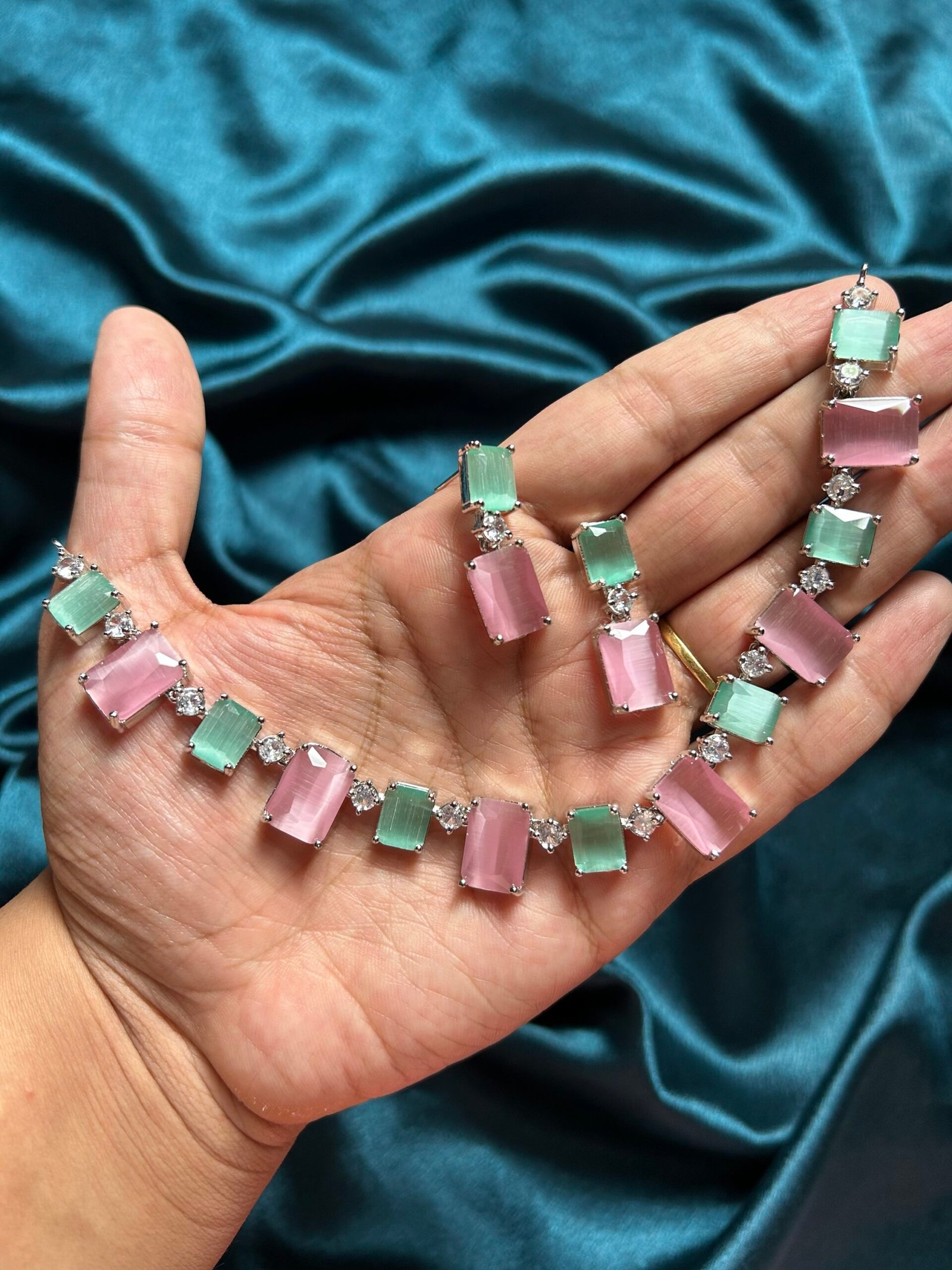 Kanchi AD Necklace Set - Mint Pink