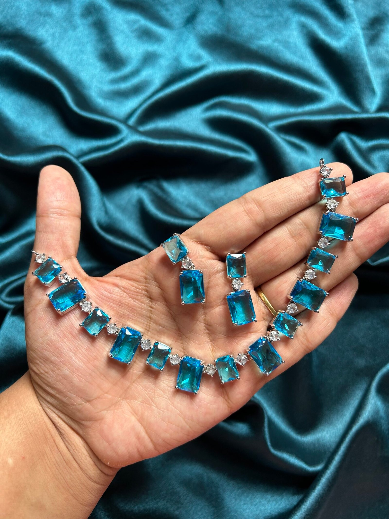 Kanchi AD Necklace Set - Sky Blue