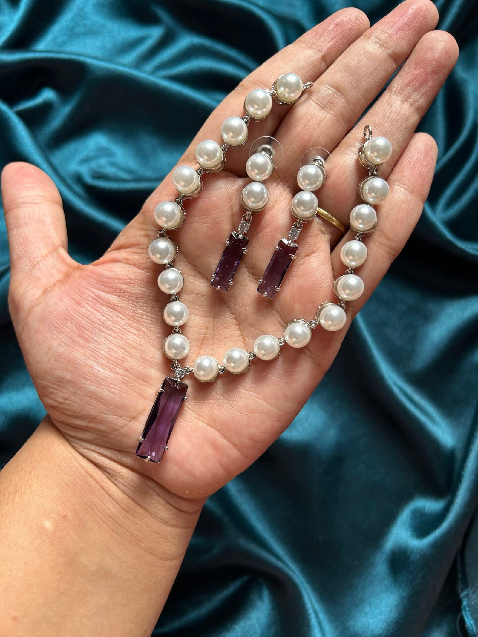 Kashni Pearl AD Necklace Set - Purple