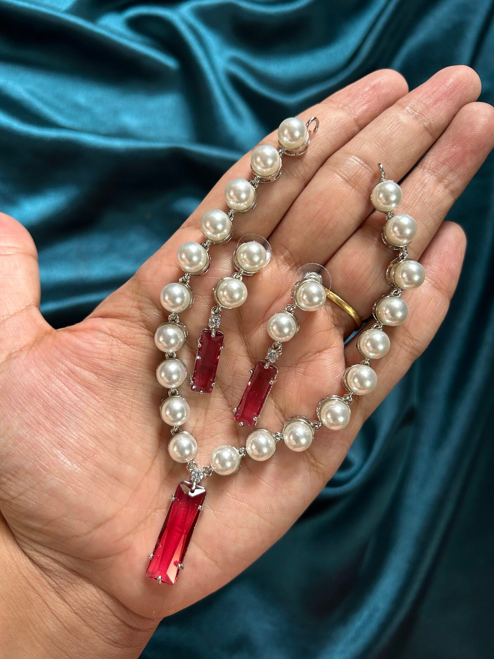 Kashni Pearl AD Necklace Set - Ruby