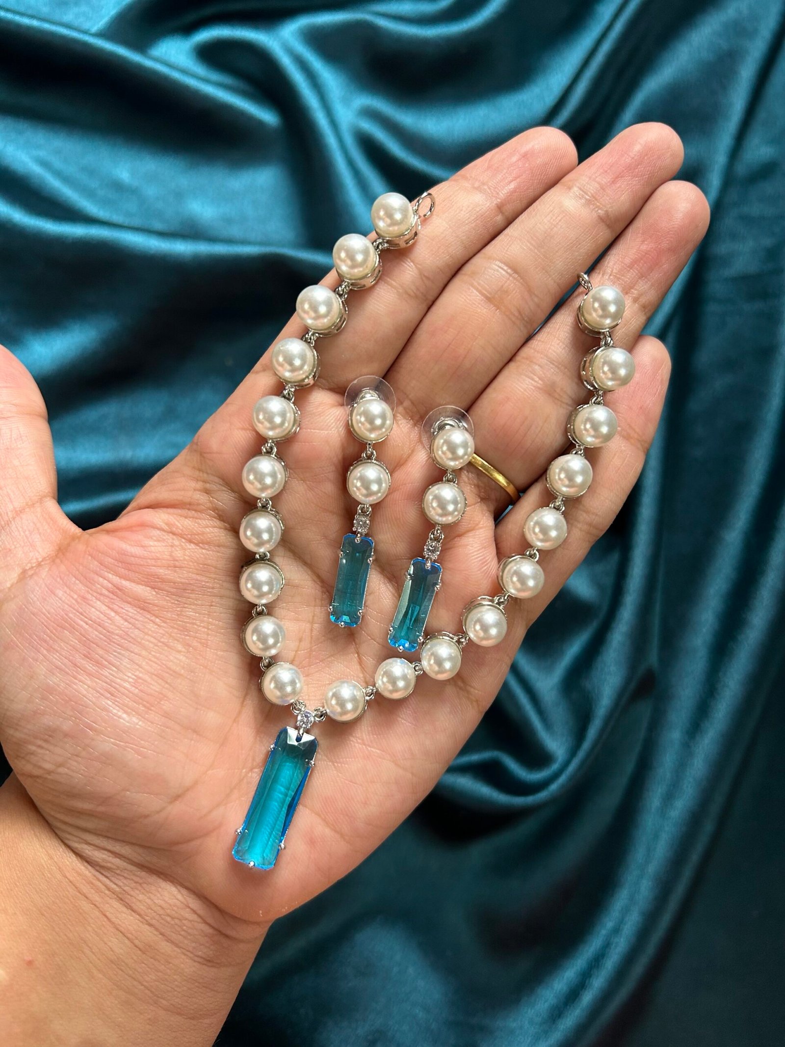 Kashni Pearl AD Necklace Set - Sky Blue