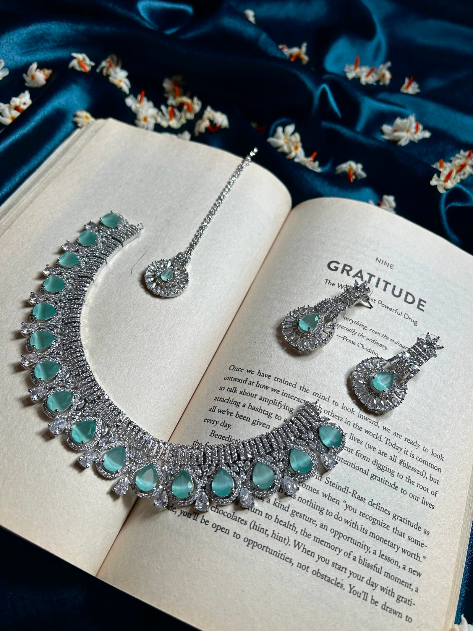 AD Necklace Set With Mangtika - Mint