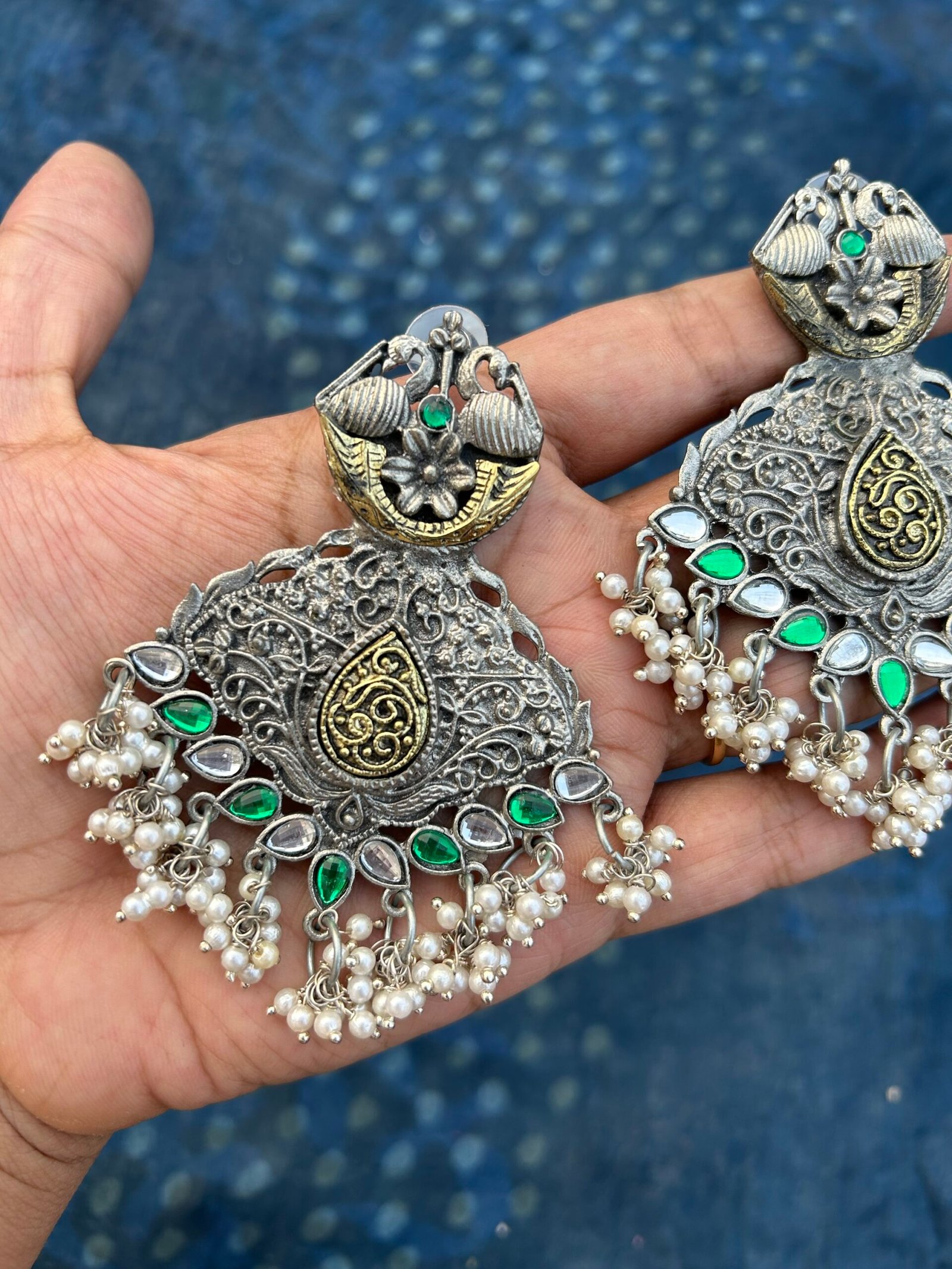 Dual Tone Earrings- Green and Silver