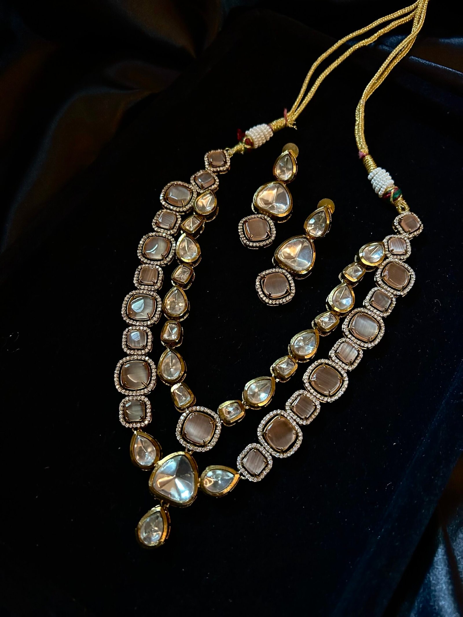 Polki Double Line Necklace Set With Earrings - Light Peach