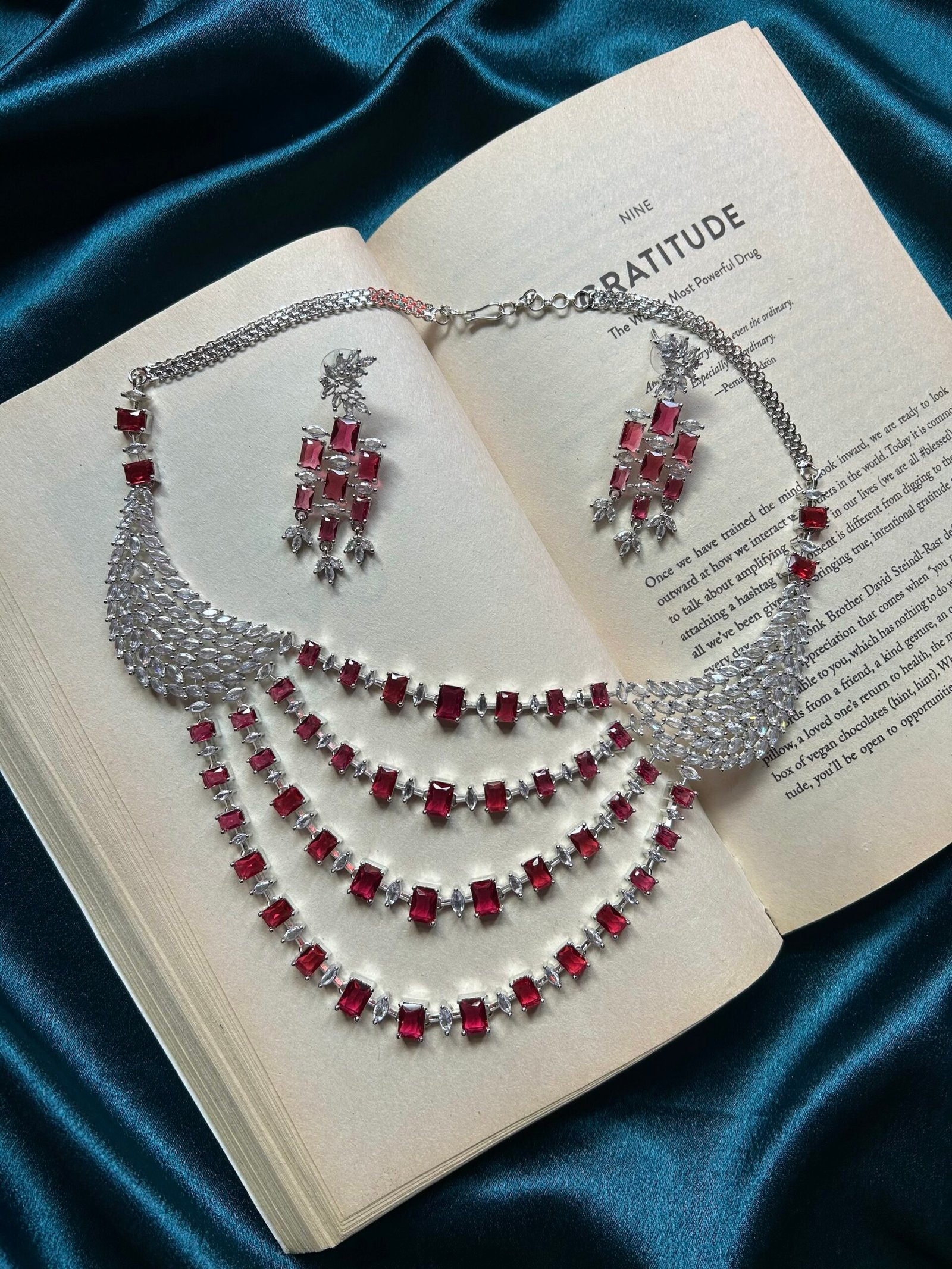 AD Necklace Jhalar Set - Ruby