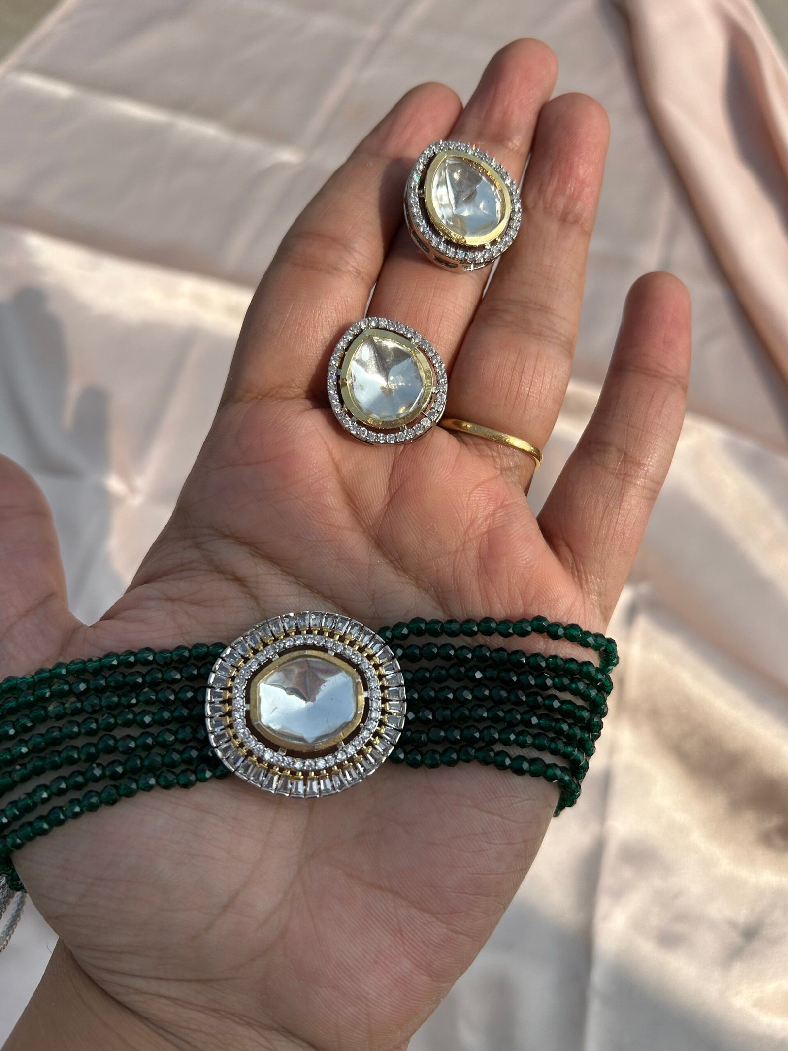 Crystal Choker With Polki- Dark Green